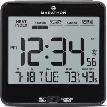 MARATHON Atomic Desk Clock, Black - Easy-to-Read 5.2” Display with Calendar + Heat & Comfort Index - Includes Alarm with Snooze & Backlight