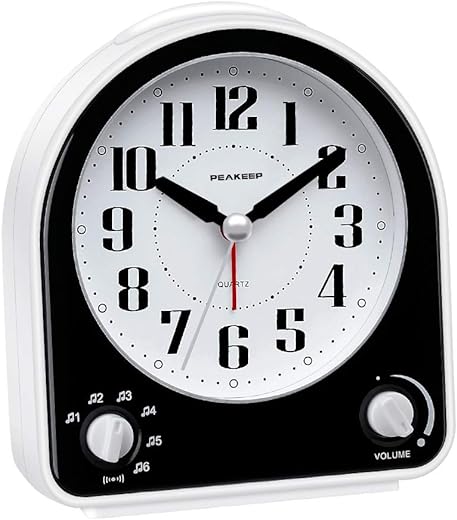 Peakeep Analog Alarm Clock Non-Ticking Silent, Optional 7 Wake-up Sounds with Volume Control, Nightlight and Snooze, AA Battery Operated (Black)