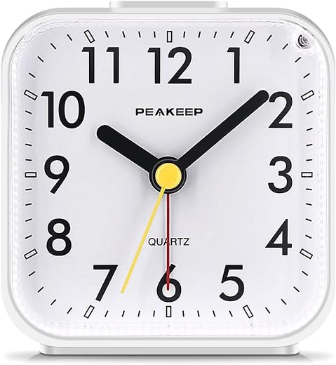 Peakeep Small Battery Operated Analog Travel Alarm Clock Silent No Ticking, Lighted on Demand and Snooze, Beep Sounds, Gentle Wake, Ascending Alarm, Easy Set (White)