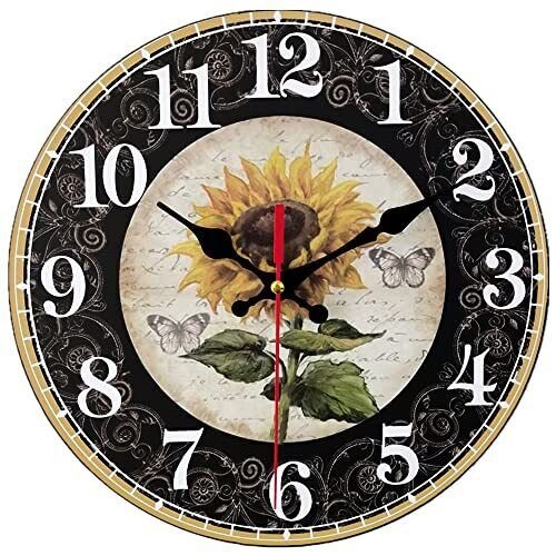 10 Inch Sunflower Kitchen Wall Clock Rustic Farmhouse Clocks, Thick Wood Home...
