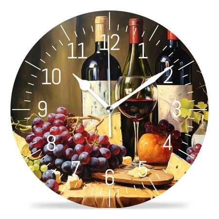 10 Inch Wall Clock Battery Operated Silent Clock Decorative for Office, Kitchen, Outdoor, Living Room，Red Wine Cheese Pink Grapes Image