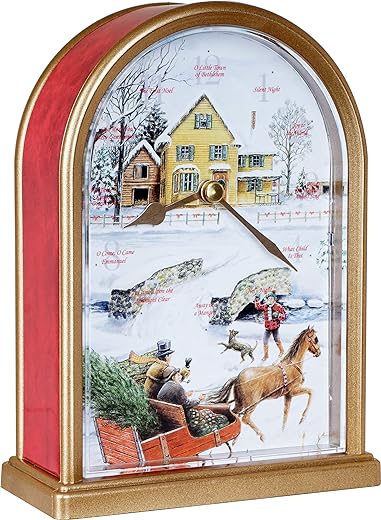 12 Song of Carols of Christmas Sleigh Ride Table Clock Melody Clock Christmas Musical Clock Tabletop Clock Quartz Movement Home Room Decoration Musical Clock Red Marble