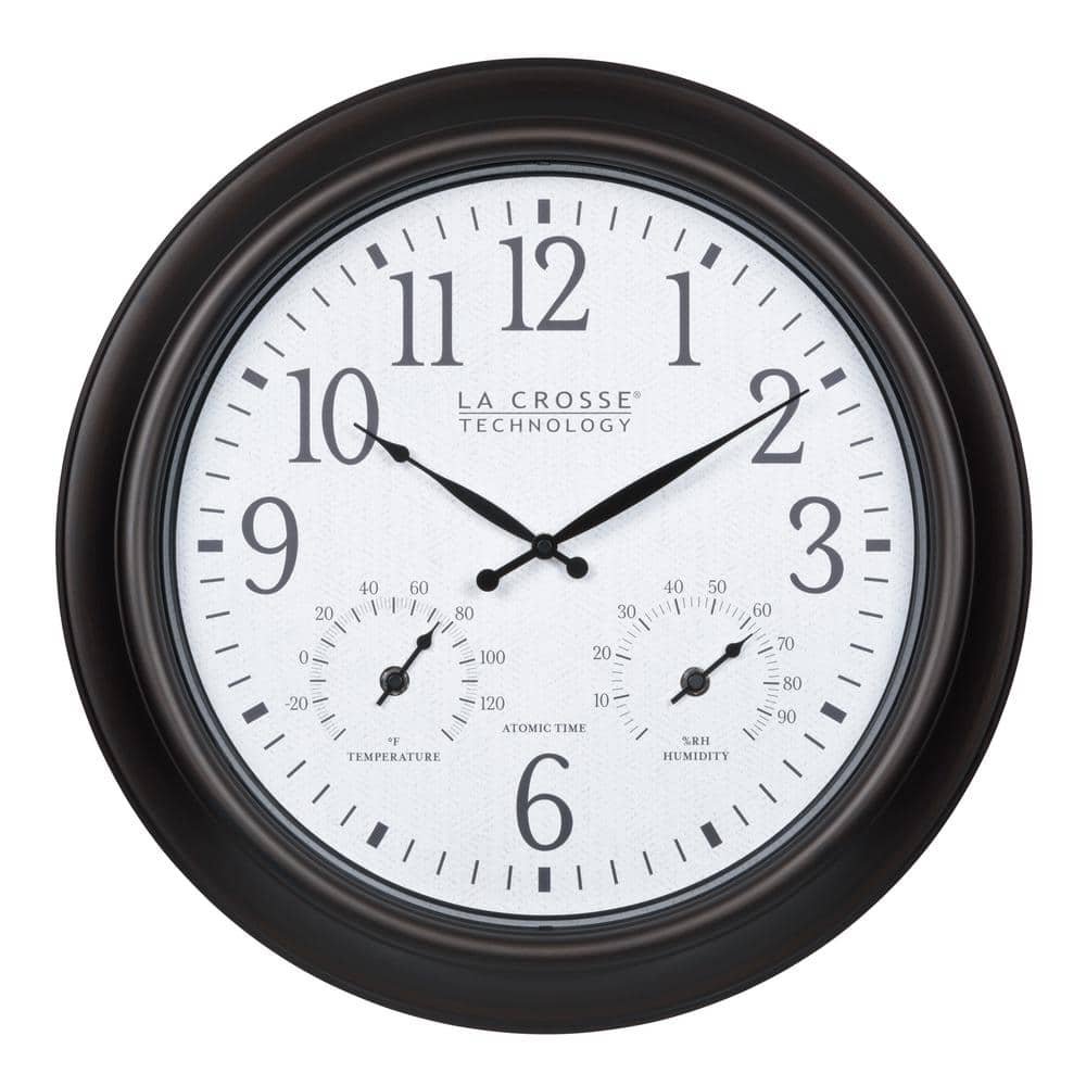 18 in. Indoor/Outdoor Dark Brown Atomic Analog Wall Clock with Temp and...