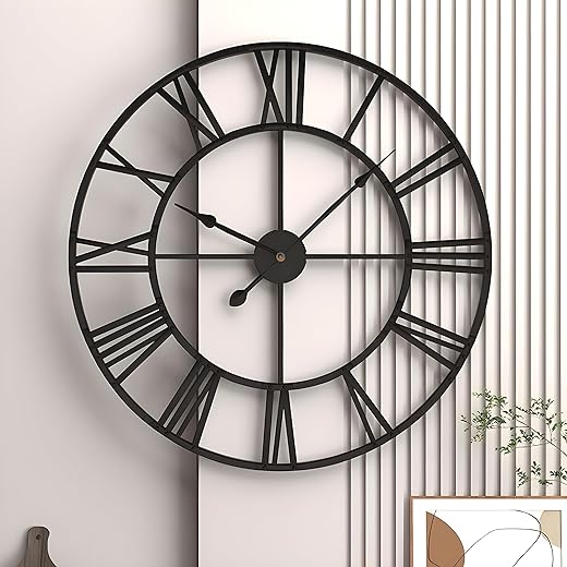 20” Mute Retro Wall Clock, Roman Numerals Art Creative Clock Vintage Silent Metal Clock Industrial Gear Clock, Indoor Black Non Ticking Large Round Decorative Clock for Living Room, Kitchen, Home