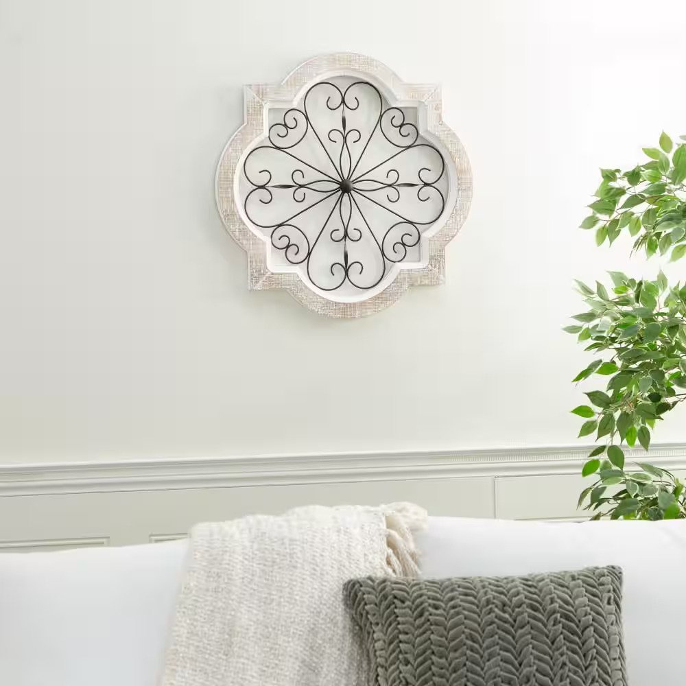 22 In. X 22 In. Wooden White Scroll Wall Decor with Metal Scroll Work