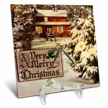 3dRose Vintage A Very Merry Christmas Winter Holiday Scene Magic Lantern - Desk Clock, 6 by 6-inch