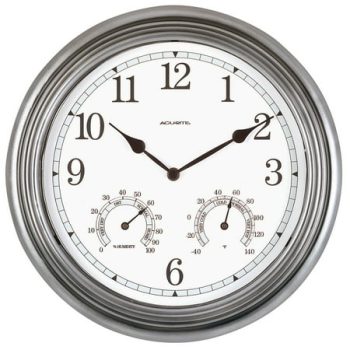 AcuRite 13.5-Inch Indoor/Outdoor Wall Clock with Thermometer and Hygrometer for Temperature and Humidity, Durable Plastic Lens, Crystal Quartz Movement, and Pewter Finish