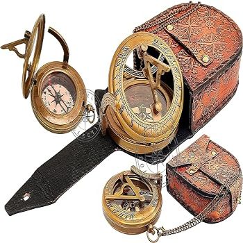 Antiquated Finish Brass Sundial with Leather Case - Copper Dial Compass & Sun Clock - Beautiful Handmade Gift Steampunk Accessory