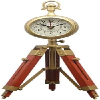 Antique Analog Desk Clock with Brown Wood & Metal Adjustable Tripod Stand Floor Clock for Home & Office Decor