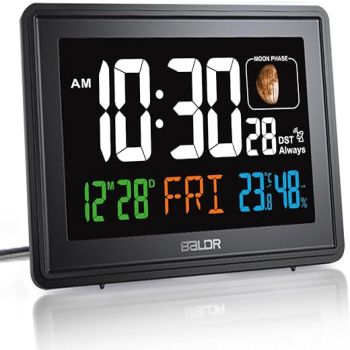 BALDR Atomic Alarm Clock - Large Color Display Digital Desk Clock - with Indoor Temperature & Humidity - Date & Real-Time Moon Phases - Perfect Office or Nightstand Clock (Black)