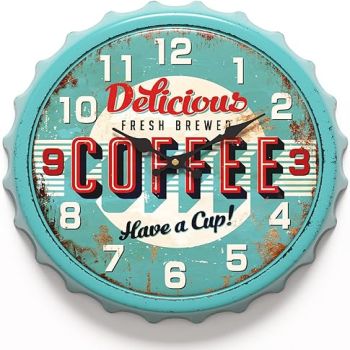 Bottle Cap Design Iron Retro Wall Clock, 13 inch Vintage Style, Silent Non-Ticking Battery Operated Creative Decor Wall Clocks for Cafes,Farmhouse,Office,Kitchen (Blue)