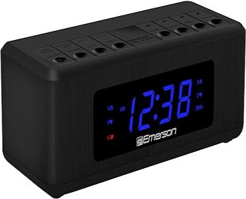 Emerson AM/FM Dual Alarm Clock Radio with 0.6 Blue LED Display, 4-Level dimmer, and Wake to Radio/Buzzer Alarm, Black