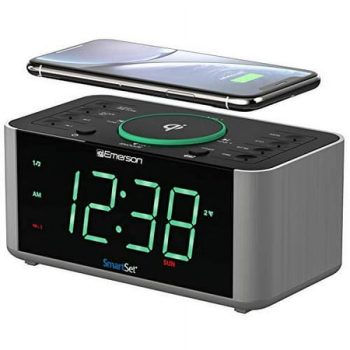 Emerson SmartSet Wireless Charging Dual Alarm Clock Radio, Bluetooth Speaker, USB, 1.4 Aqua LED Display, ER100202