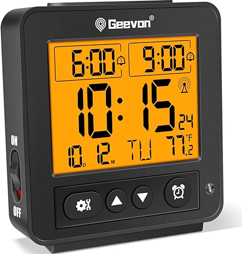 Geevon Small Atomic Travel Alarm Clock with Auto/8s Backlight, 2 Alarm Settings, Temperature, Increasing Beep Sounds Digital Atomic Travel Clock Battery Operated for Bedroom, Bedside