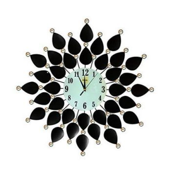 Large Wall Clock Black Leaf Metal Decorative Starburst Wall Accent Silent Clock 26'' White Glass Dial for Living Room,Bedroom,Kitchen