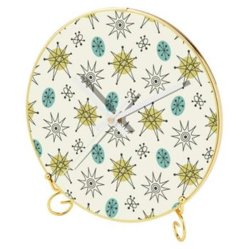 OWNTA 1950S Vintage Atomic Pattern Round Printed Wall Clocks with Hooks and Gold Stand: Silent, Non-Ticking Timepieces for Stylish and Peaceful Settings