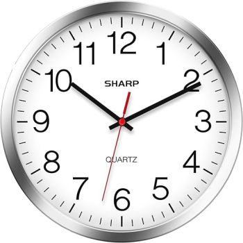 Sharp Wall Clock – Silver/Chrome, Silent Non Ticking 10 Inch Quality Quartz Battery Operated Round Easy to Read Home/Kitchen/Office/Classroom/School Clocks, Sweep Movement