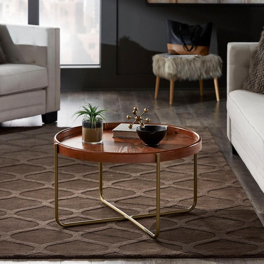 35.5 in. Gold Finish Round Metal And Wood Coffee Table
