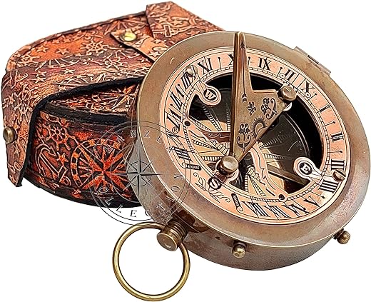 3 Brass & Copper Sundial Compass with Leather Case - Steampunk Accessory - Antiquated Finish - Beautiful Handmade Gift -Sundial Clock