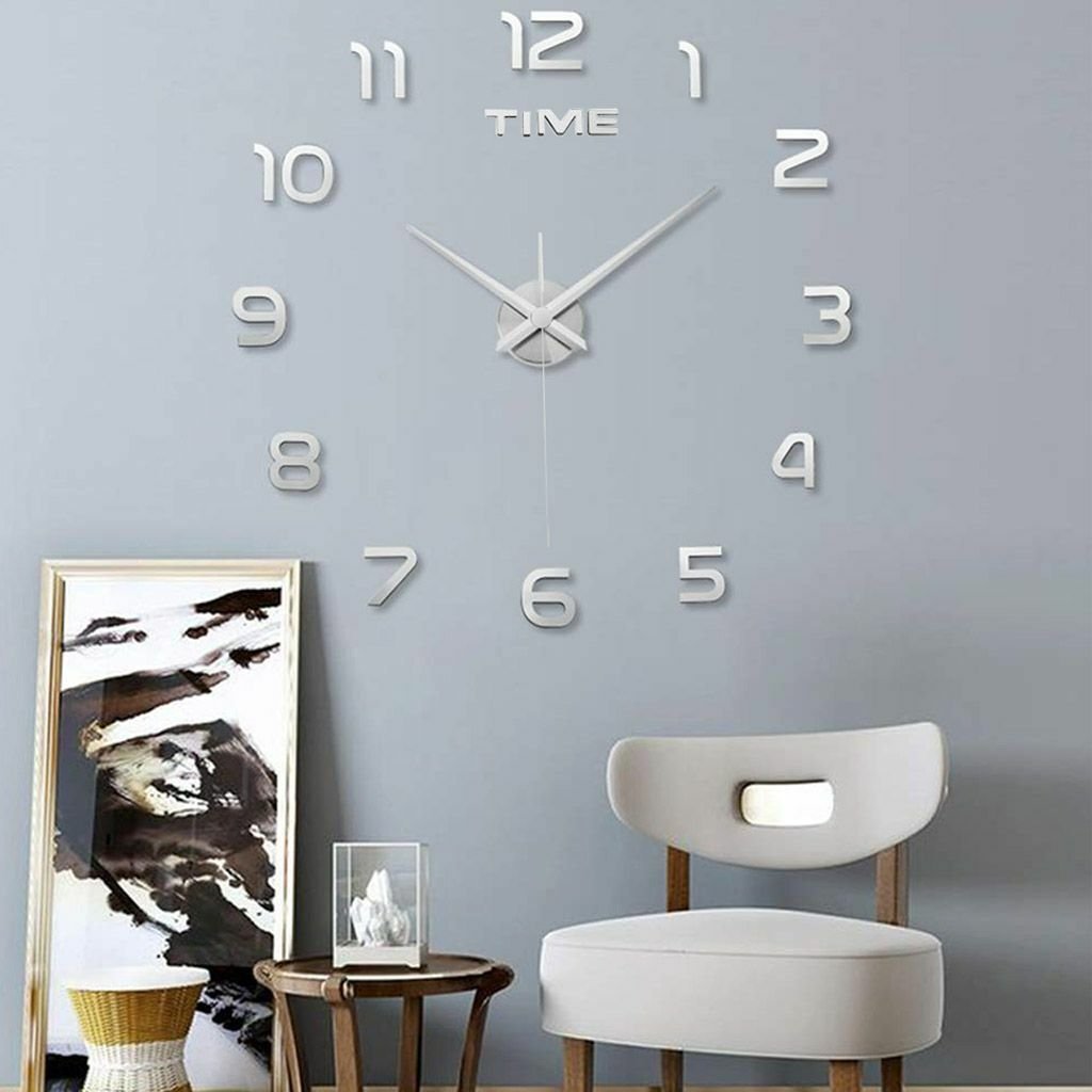 3D DIY Large Frameless Wall Clock Mirror Number Sticker Modern Decor Silver