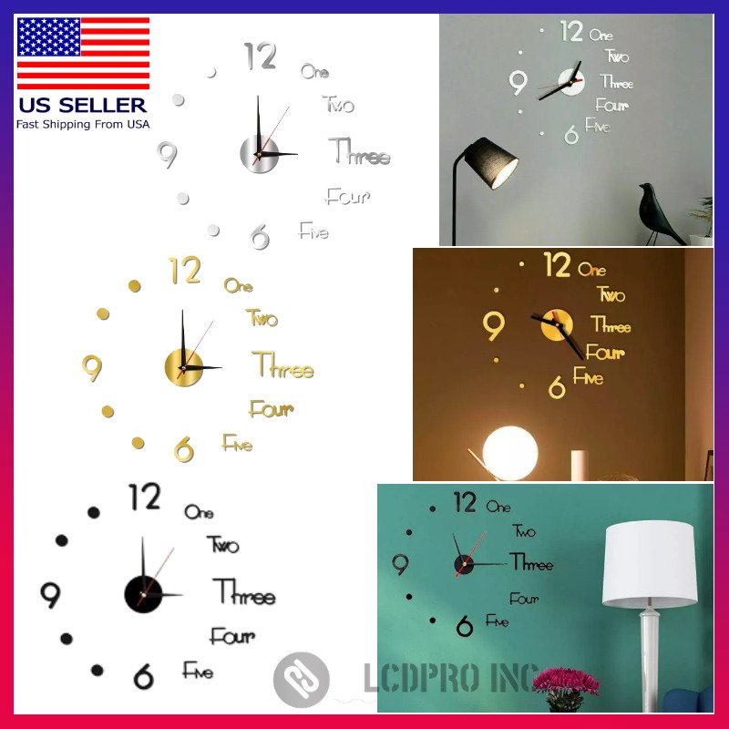 3D Large Wall Clock Mirror Surface Modern DIY Sticker Office Home Shop Art Decor