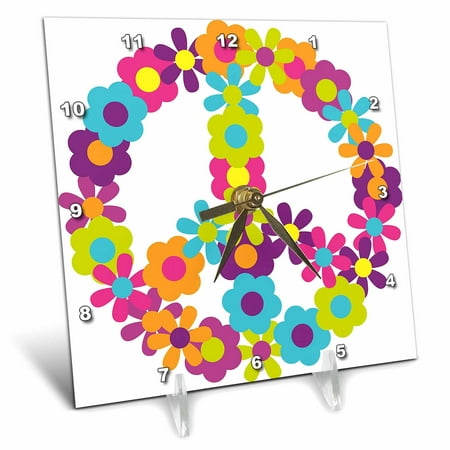 3dRose Peace Sign Made Up Of Blue, Pink, Purple, and Green Flowers - Desk Clock, 6 by 6-inch