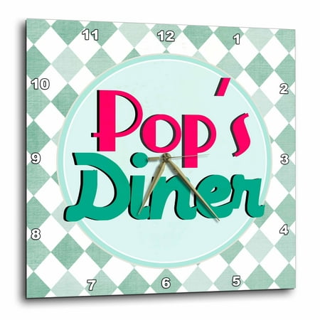 3dRose Pops Diner on aqua - Retro hot pink turquoise teal blue 1950s 50s fifties dad kitchen. Fathers day - Wall Clock, 15 by 15-inch