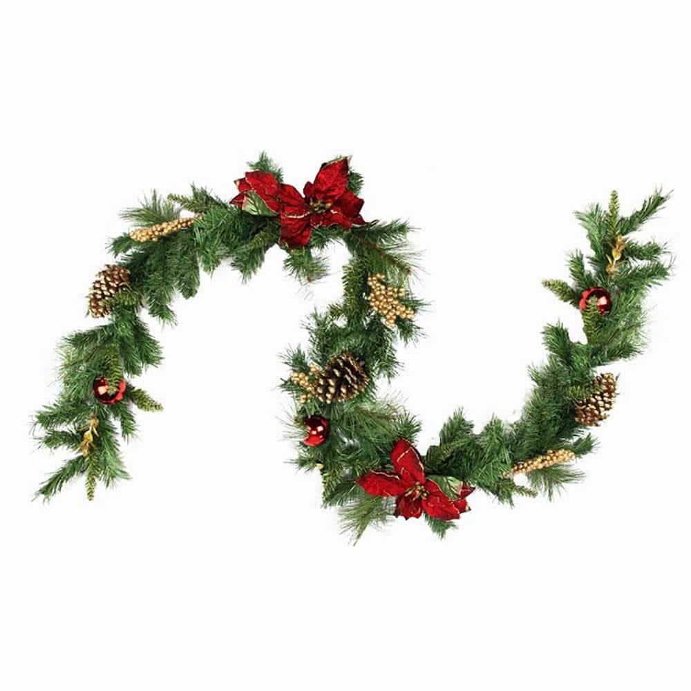 6 ft. x 10 in. Unlit Pine with Red Balls Poinsettias Gold...