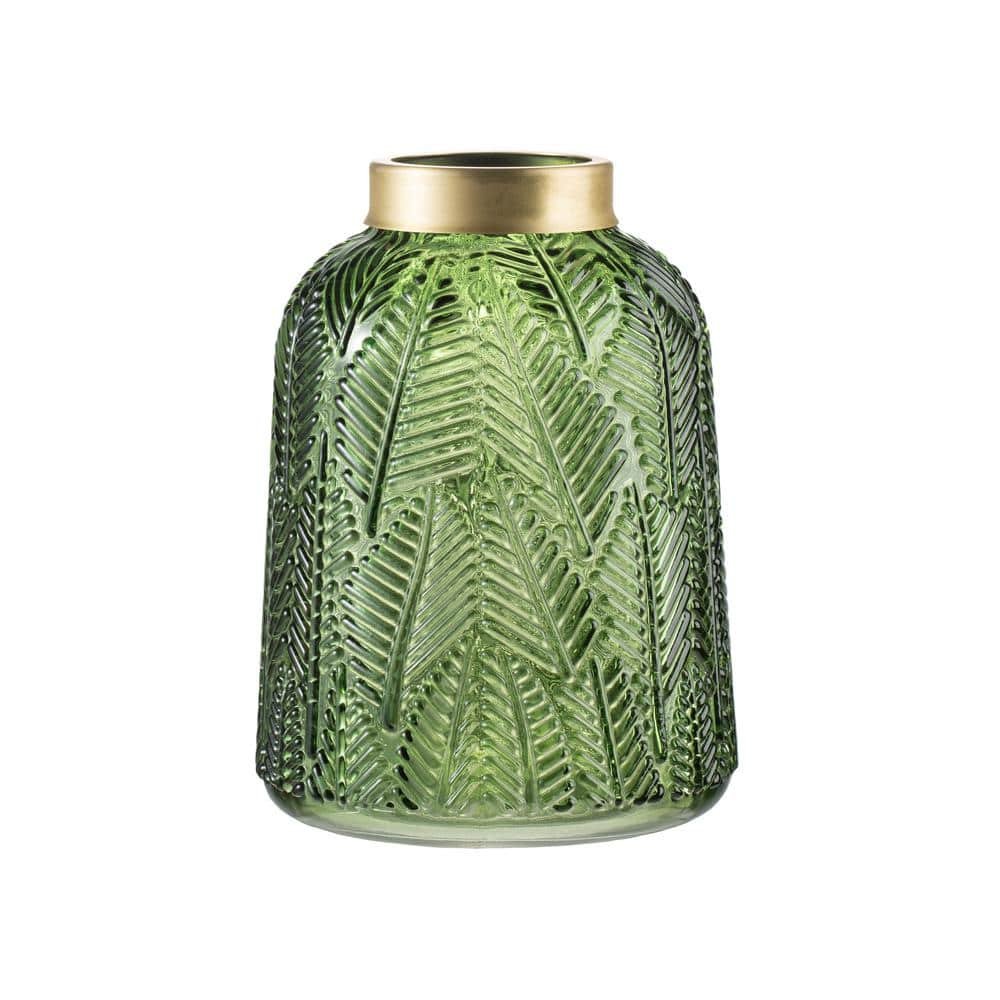 7.9 in. Green and Gold Fern Leaf Glass Vase