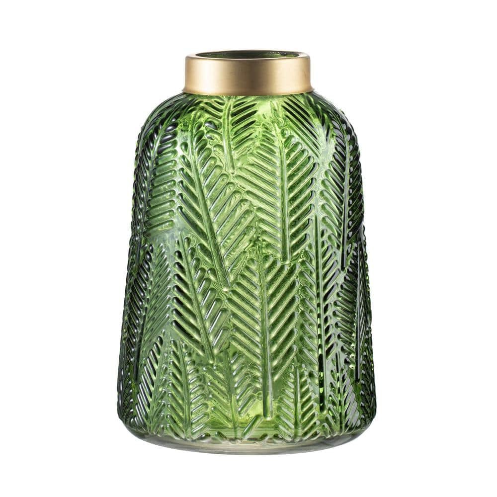 9.5 in. Green and Gold Fern Leaf Glass Vase