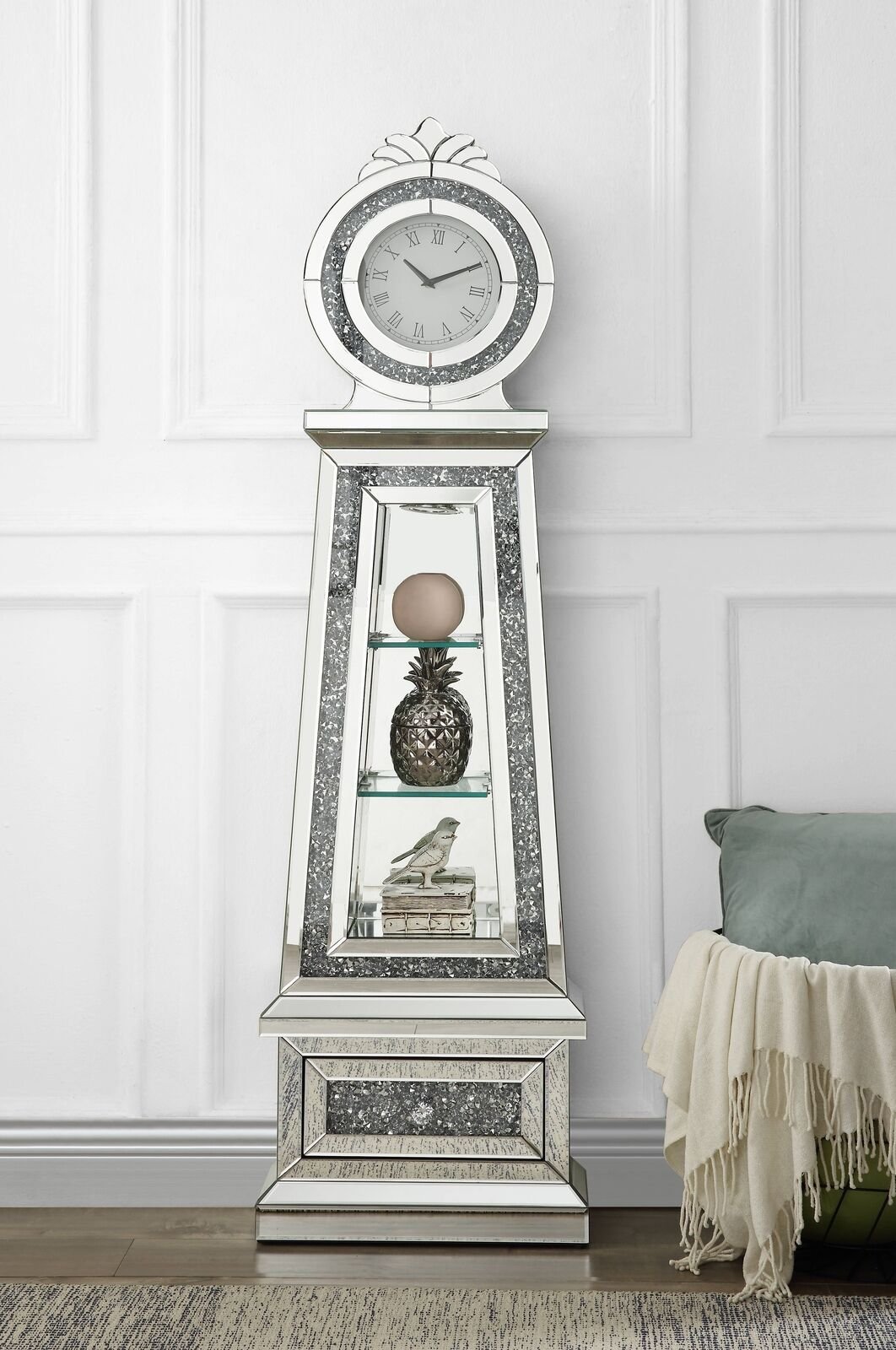 ACME Noralie GRANDFATHER CLOCK W/LED Mirrored & Faux Diamonds