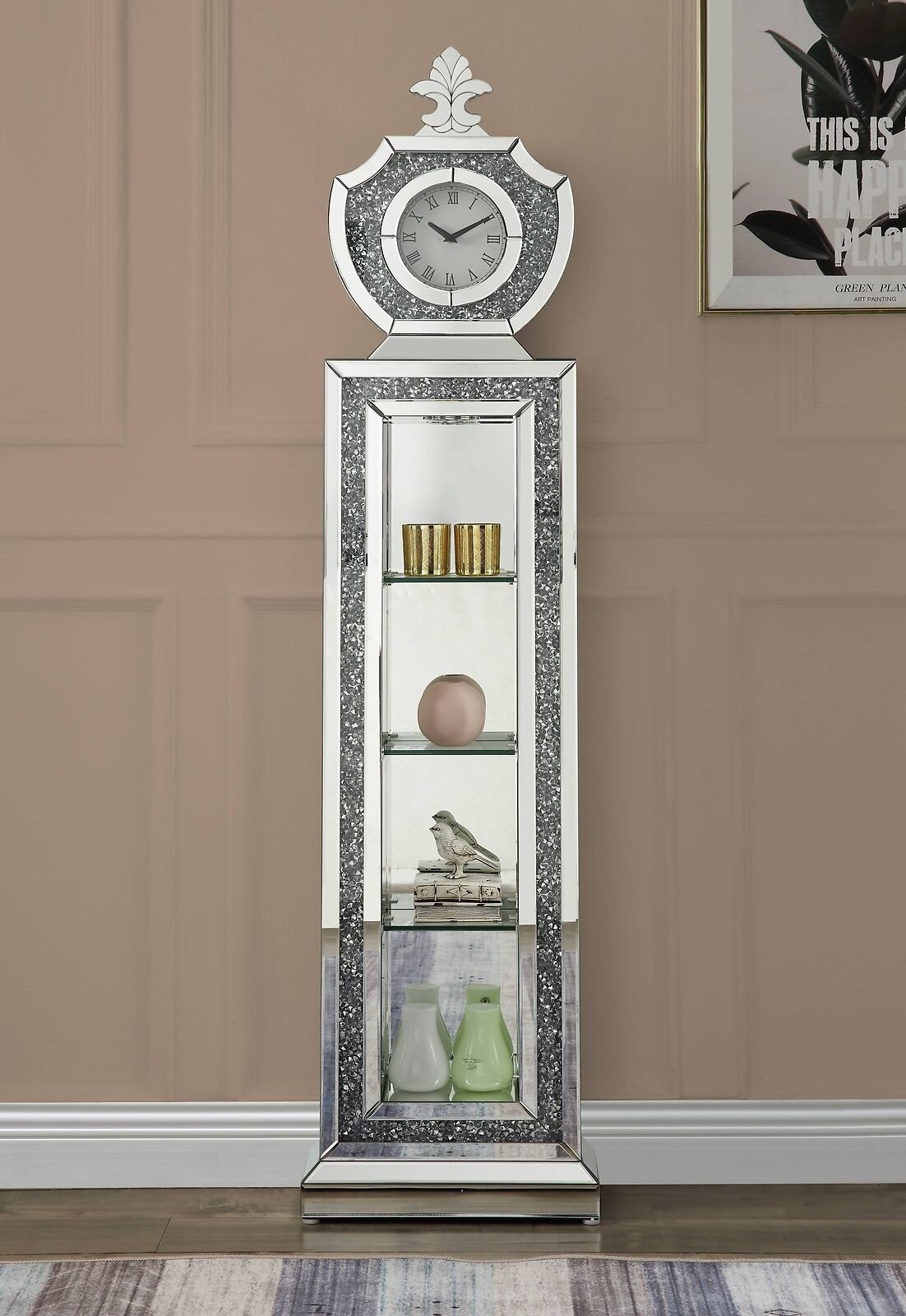 ACME Noralie GRANDFATHER CLOCK W/LED Mirrored & Faux Diamonds