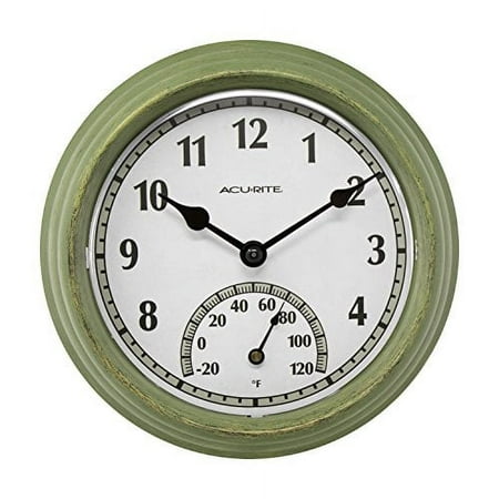 AcuRite 02470 Rustic Green Outdoor Clock with Thermometer, 8.5