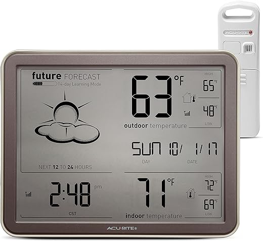 AcuRite 75077A3M Self-Learning Forecast Wireless Weather Station with Large Display and Atomic Clock, Black