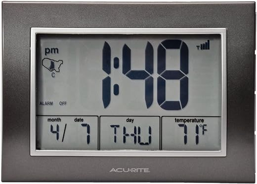 AcuRite Atomic Alarm Clock with Date, Day of Week and Temperature, 0.5, Grey