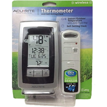 Acurite Digital Indoor / Outdoor Wireless Thermometer 00754w4 with Self-setting Clock and Daily High/low