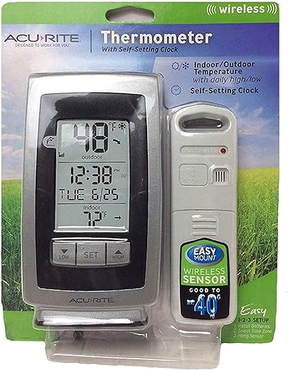 Acurite Digital Indoor / Outdoor Wireless Thermometer 00754w4 with Self-setting Clock and Daily High/low