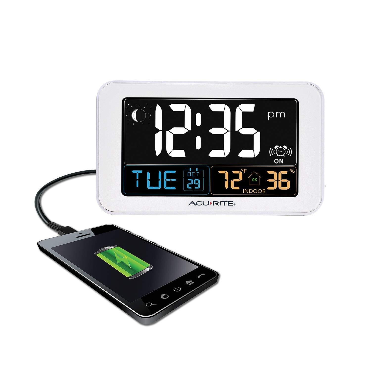 AcuRite Intelli-Time Digital Alarm Clock for Bedroom with USB Charger, Indoor...