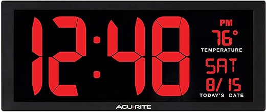 AcuRite Large Digital LED Oversized Wall Clock with Date and Temperature, Perfect for Home or Office (75127M), 14.5-Inch, Red