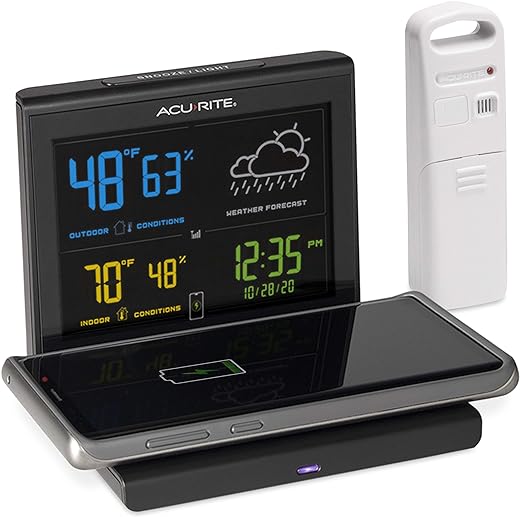 AcuRite Weather Forecaster with Wireless Charging Pad, Alarm Clock with Indoor/Outdoor Temperature and Humidity and Calendar (01193M),Black