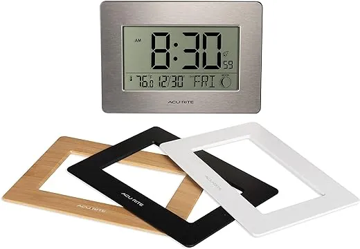 AcuRite Wireless Digital Wall/Tabletop Clock with 4 Interchangeable Plastic Frames - Stainless Steel, Bamboo, Matte Black, and Matte White – with Date, Indoor Temperature, and Moon Phase (75439)