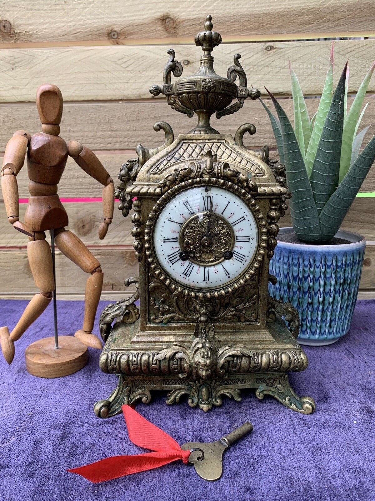 Antique 19thC French Rococo Brass Ormolu Gilt Porcelain Mantel Clock & Key 1840