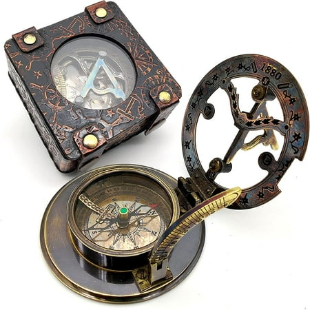 Antique Brass Sundial Compass Marine Boat Gift Pocket Sun Dial Nautical Marine Gift Sun Clock Pirate Ship Replica Watch Steampunk Accessory in Leather Display Box (Antique Finish)