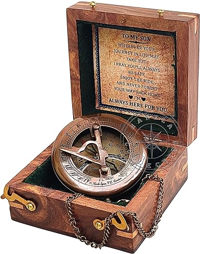 Antique Brass Sundial Compass with Wooden Box and Chain - Push Open Compass - Steampunk Accessory - Beautiful Handmade Gift - Sundial Clock