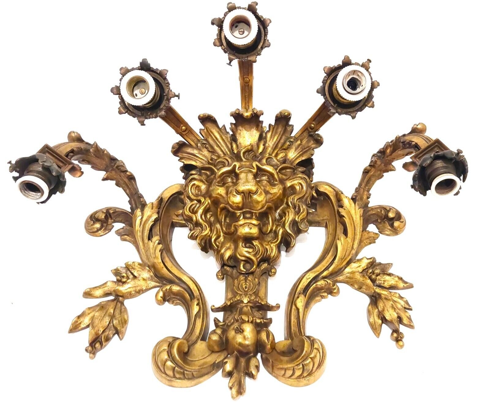 ANTIQUE LARGE PALATIAL LION HEAD FRENCH BRONZE WALL LAMP SCONCE CHANDELIER GREAT