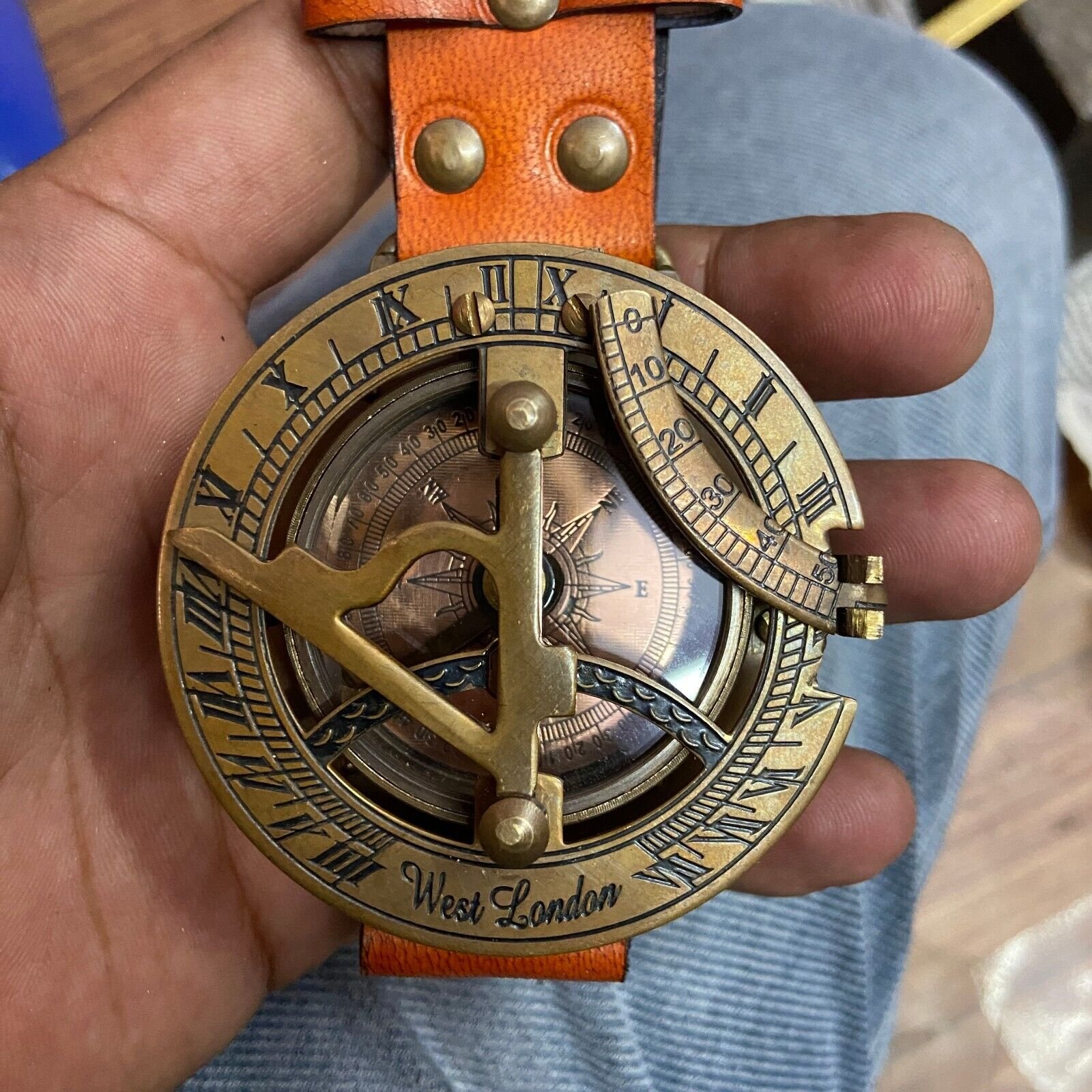 Antique Nautical wrist Directional Magnetic Brass Sundial Clock & Compass Gifts