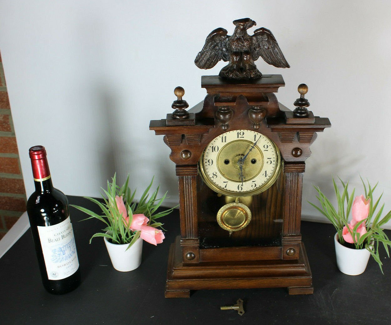 Antique Wood carved german 1900s Mantel clock eagle