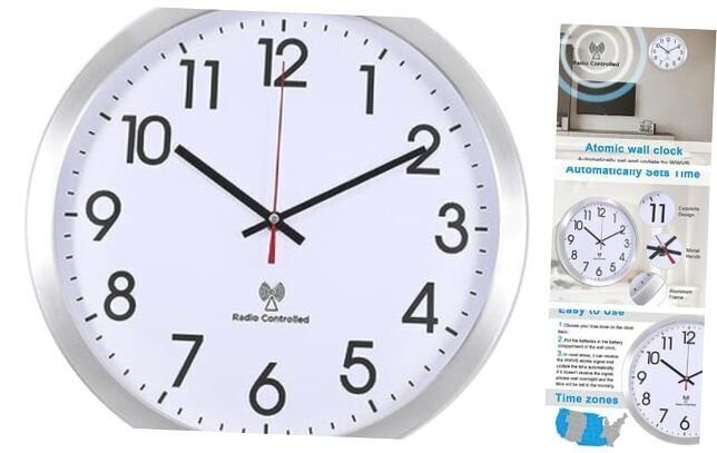 Atomic Analog Wall Clock Radio Controlled Sets Automatically Wall 14Inch
