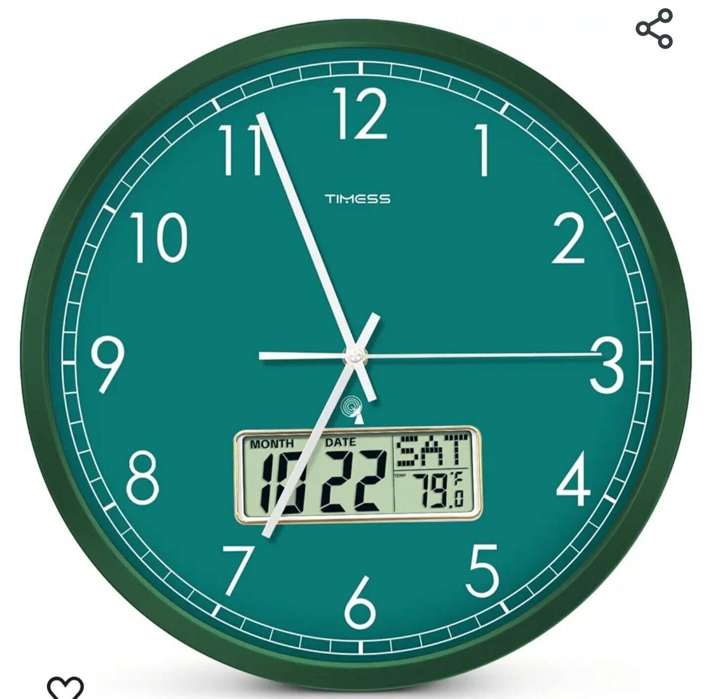 Atomic Analog Wall Clock, WWVB Self-Setting Battery Operated 14" Large Green