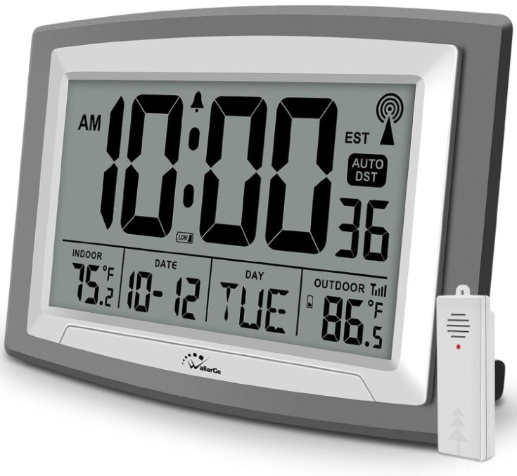 Atomic Clock with Indoor Outdoor Temperature, Self-Setting Digital Clock 12.5 in